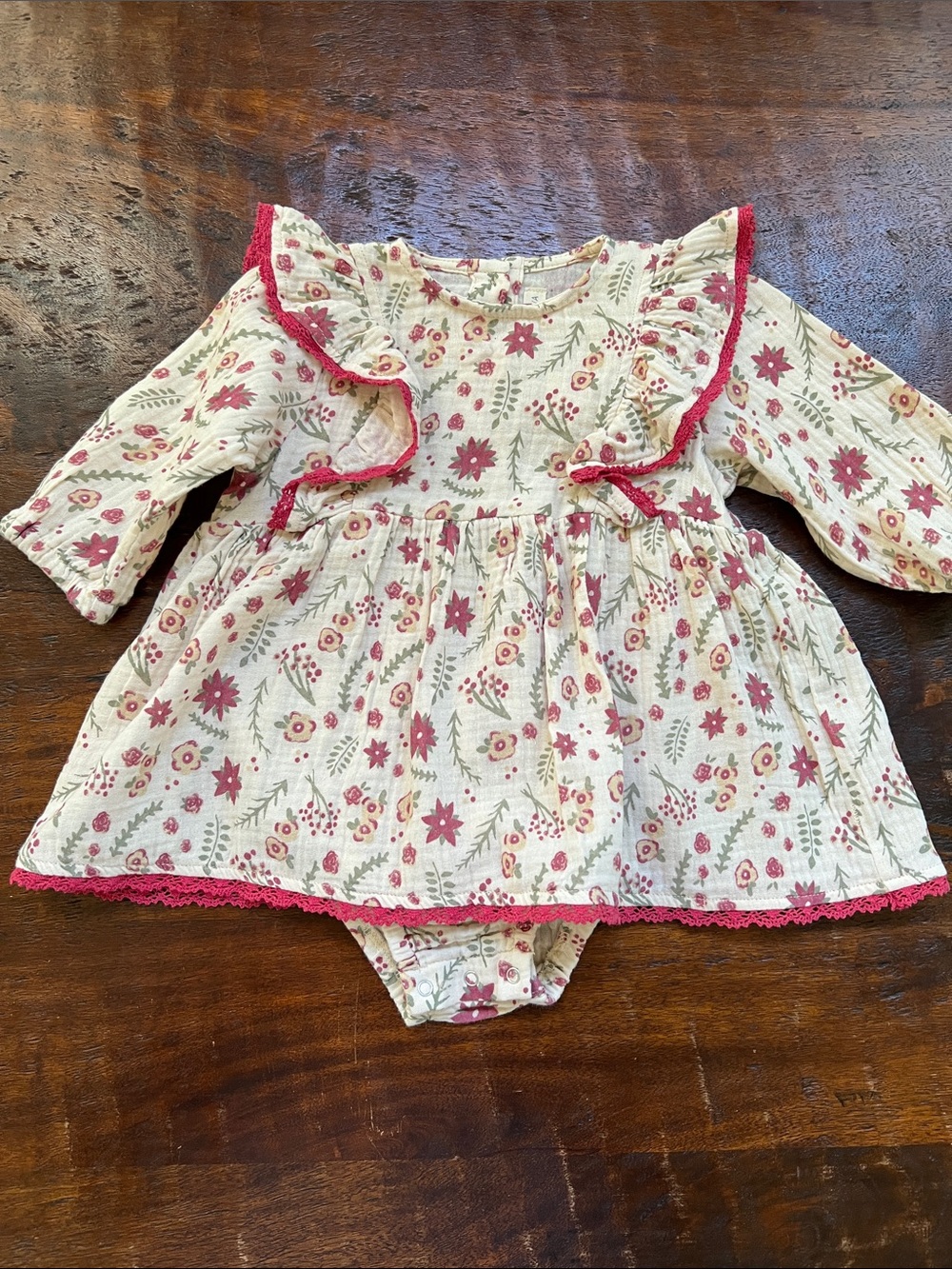WILD WAWA Girls' Floral Ruffle Dress Bodysuit - Cream with Pink Floral Print